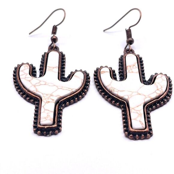 Copper with White Turquoise Boho Southwestern Cactus Hook Earrings - Picture 2 of 6